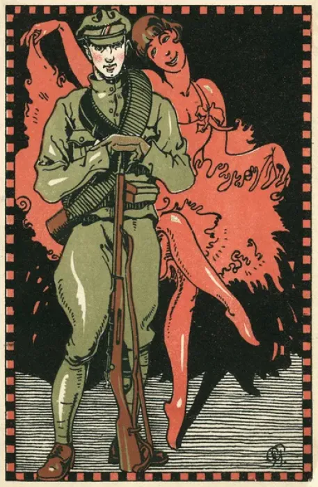 Framed Print : Postcard, Czech soldier and dancer, WW1 Framed Print : Postcard, Czech soldier and dancer, WW1