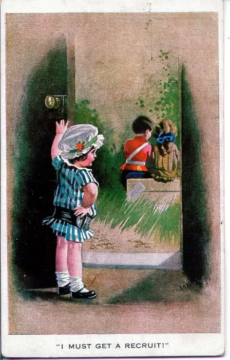 Framed Print : Postcard, Two girls and a soldier - I must get a recruit! Date: 1914-1918 Framed Print : Postcard, Two girls and a soldier - I must get a recruit! Date: 1914-1918