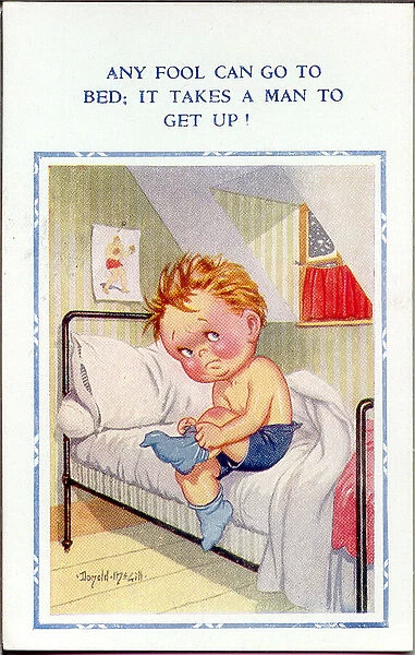 Postcard, Little boy getting out of bed in the morning Date: 20th century