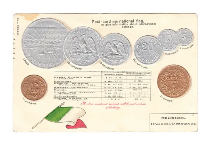Framed Print : Postcard, Mexican flag and coins Framed Print : Postcard, Mexican flag and coins