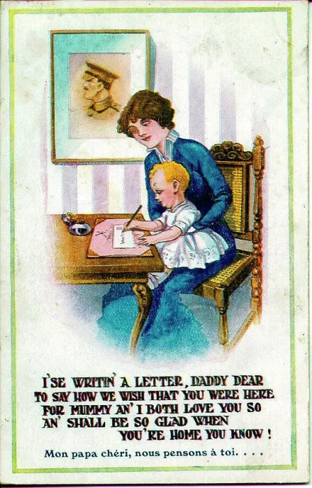 Framed Print : Postcard, Mother and child write to absent father. Date: 1914-1918 Framed Print : Postcard, Mother and child write to absent father. Date: 1914-1918
