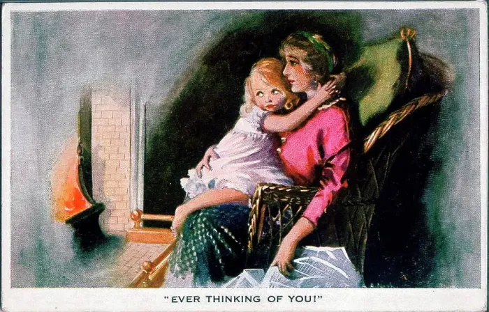 Framed Print : Postcard, Mother and daughter at home - Ever thinking of you! Date: 1914-1918 Framed Print : Postcard, Mother and daughter at home - Ever thinking of you! Date: 1914-1918