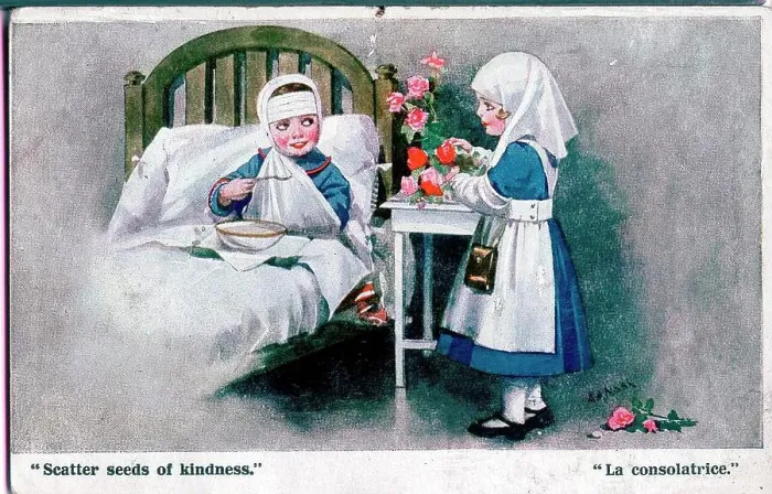 Framed Print : Postcard, Nurse and patient - Scatter seeds of kindness. Date: 1914-1918 Framed Print : Postcard, Nurse and patient - Scatter seeds of kindness. Date: 1914-1918