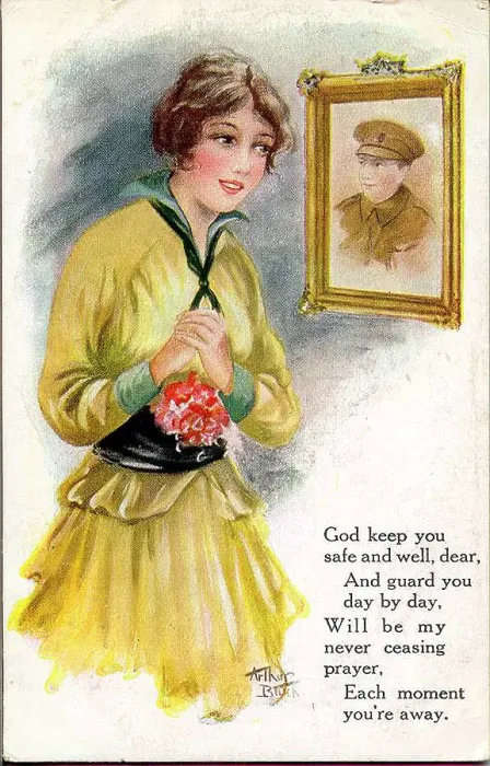 Framed Print : Postcard, Pretty woman gazes at the portrait of her absent soldier and says a prayer for him. Date: 1914-1918 Framed Print : Postcard, Pretty woman gazes at the portrait of her absent soldier and says a prayer for him. Date: 1914-1918