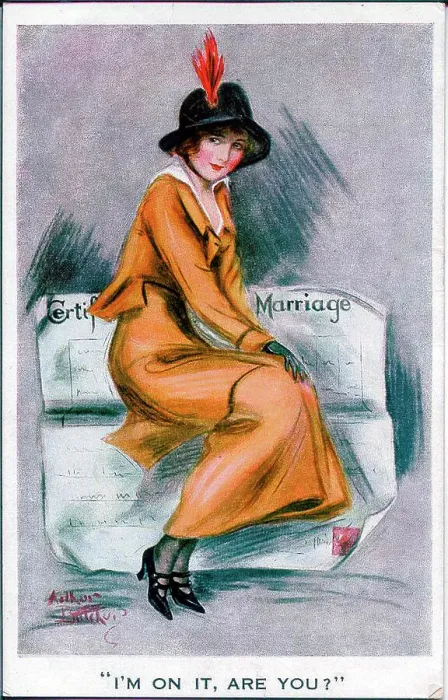 Framed Print : Postcard, Pretty woman with marriage certificate - I'm on it, are you? Date: early 20th century Framed Print : Postcard, Pretty woman with marriage certificate - I'm on it, are you? Date: early 20th century