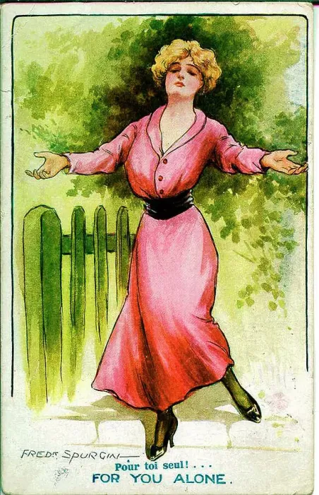 Framed Print : Postcard, Pretty woman in a pink dress - For you alone Date: early 20th century