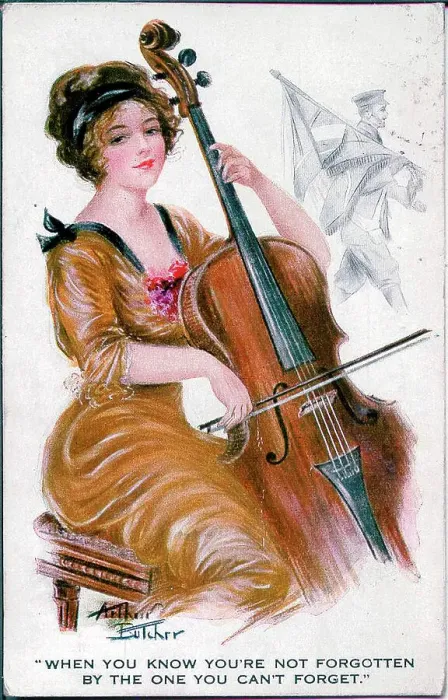 Framed Print : Postcard, Pretty woman playing the cello, absent soldier - When you know you're not forgotten by the one you can't forget. Date: 1914-1918 Framed Print : Postcard, Pretty woman playing the cello, absent soldier - When you know you're not forgotten by the one you can't forget. Date: 1914-1918