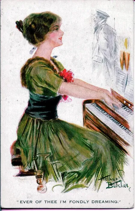Framed Print : Postcard, Pretty woman playing the organ, absent soldier - Ever of thee I'm fondly dreaming. Date: 1914-1918 Framed Print : Postcard, Pretty woman playing the organ, absent soldier - Ever of thee I'm fondly dreaming. Date: 1914-1918