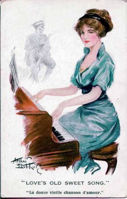 Framed Print : Postcard, Pretty woman playing the piano, absent soldier - Love's old sweet song. Date: 1914-1918 Framed Print : Postcard, Pretty woman playing the piano, absent soldier - Love's old sweet song. Date: 1914-1918