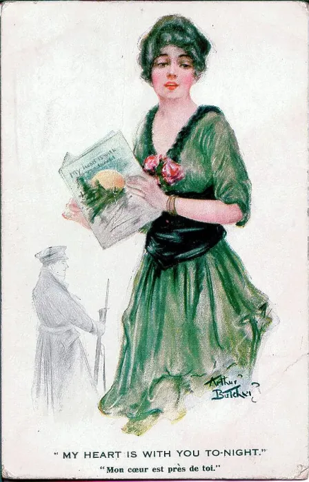 Framed Print : Postcard, Pretty woman with song sheet, absent soldier - My heart is with you tonight. Date: 1914-1918 Framed Print : Postcard, Pretty woman with song sheet, absent soldier - My heart is with you tonight. Date: 1914-1918