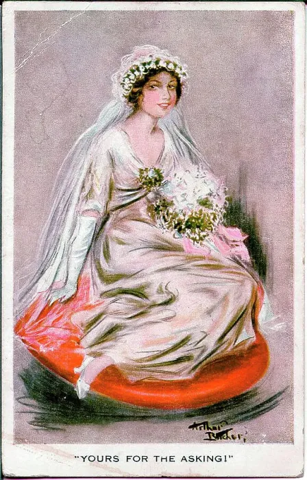 Framed Print : Postcard, Pretty woman in a wedding dress - Yours for the asking! Date: early 20th century Framed Print : Postcard, Pretty woman in a wedding dress - Yours for the asking! Date: early 20th century