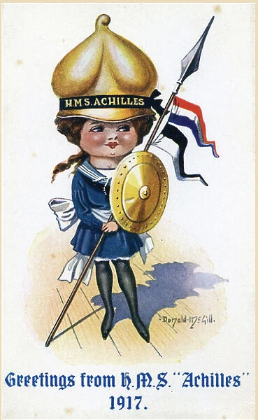 Postcard, Sailor girl, HMS Achilles, WW1