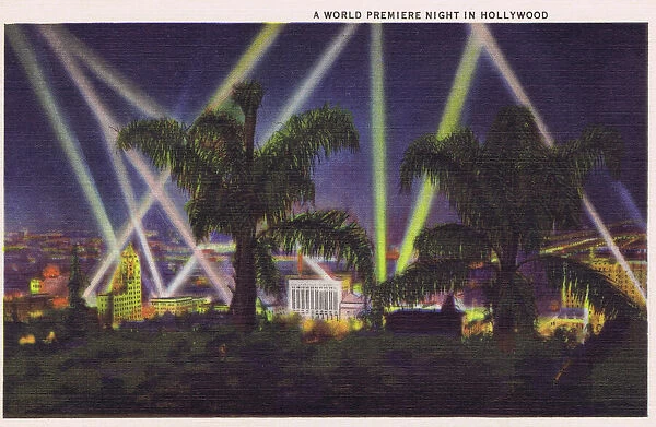 Postcard showing World Premier Night in Hollwood, 1930s