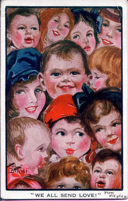 Framed Print : Postcard full of smiling faces, We all send love! Date: 1914-1918 Framed Print : Postcard full of smiling faces, We all send love! Date: 1914-1918