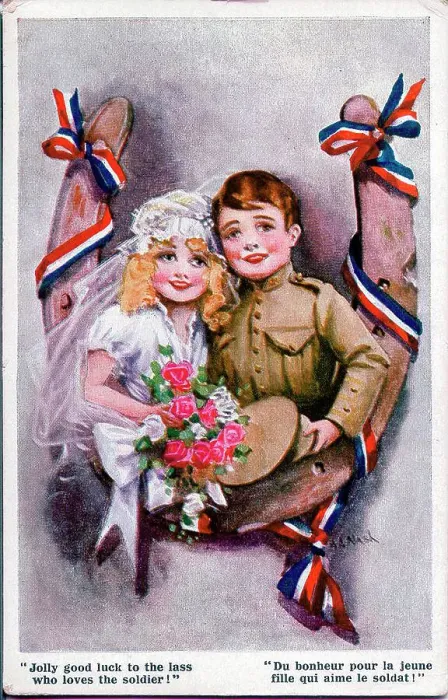 Framed Print : Postcard, Soldier's wedding - Jolly good luck to the lass who loves the soldier! Date: 1914-1918 Framed Print : Postcard, Soldier's wedding - Jolly good luck to the lass who loves the soldier! Date: 1914-1918