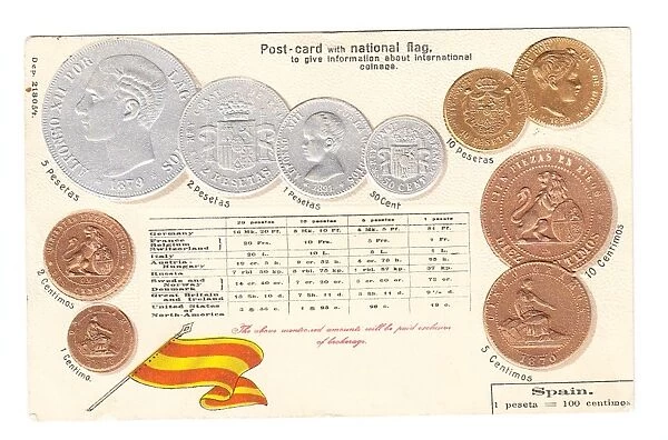 Postcard, Spanish flag and coins