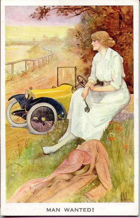 Framed Print : Postcard, Woman with broken down car - Man wanted! Date: early 20th century Framed Print : Postcard, Woman with broken down car - Man wanted! Date: early 20th century