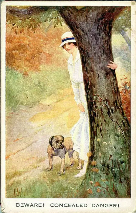 Framed Print : Postcard, Woman with dog hiding behind a tree - Beware! Concealed danger! Date: early 20th century Framed Print : Postcard, Woman with dog hiding behind a tree - Beware! Concealed danger! Date: early 20th century