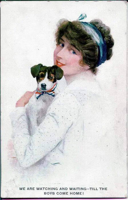 Framed Print : Postcard, Woman and dog - We are watching and waiting til the boys come home! Date: 1914-1918 Framed Print : Postcard, Woman and dog - We are watching and waiting til the boys come home! Date: 1914-1918