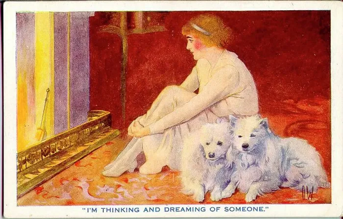 Framed Print : Postcard, Woman and dogs at the fireside - I'm thinking and dreaming of someone. Date: 1914-1918 Framed Print : Postcard, Woman and dogs at the fireside - I'm thinking and dreaming of someone. Date: 1914-1918