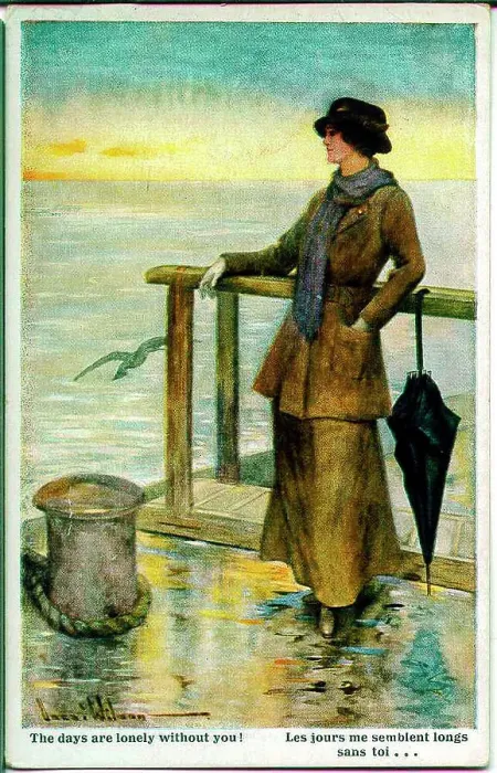 Framed Print : Postcard, Woman gazing out to sea - The days are lonely without you! Date: 1914-1918 Framed Print : Postcard, Woman gazing out to sea - The days are lonely without you! Date: 1914-1918