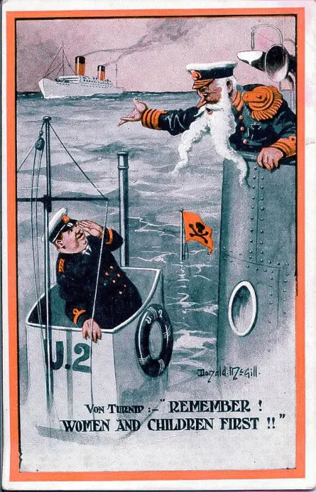 Framed Print : Postcard, Women and children first - Von Turnip is a satire on the German Admiral, Von Tirpitz with his distinctive forked beard. Date: 1914-1918 Framed Print : Postcard, Women and children first - Von Turnip is a satire on the German Admiral, Von Tirpitz with his distinctive forked beard. Date: 1914-1918