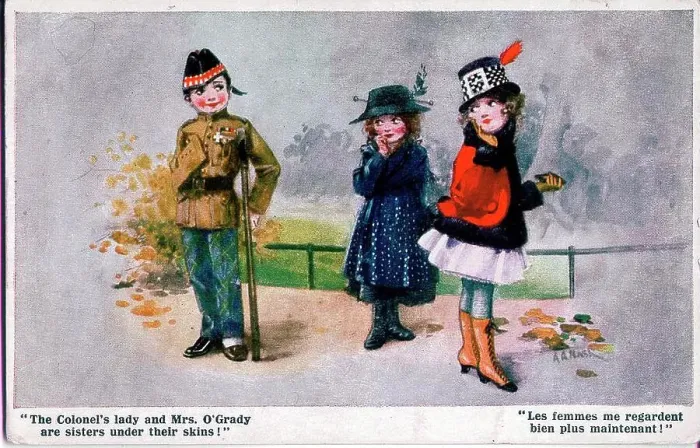 Framed Print : Postcard, Two women and a soldier - The Colonel's lady and Mrs O'Grady are sisters under their skins! Date: 1914-1918 Framed Print : Postcard, Two women and a soldier - The Colonel's lady and Mrs O'Grady are sisters under their skins! Date: 1914-1918