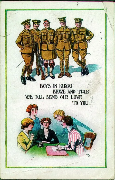 Framed Print : Postcard, Women write to soldiers away at the Front. Date: 1914-1918 Framed Print : Postcard, Women write to soldiers away at the Front. Date: 1914-1918