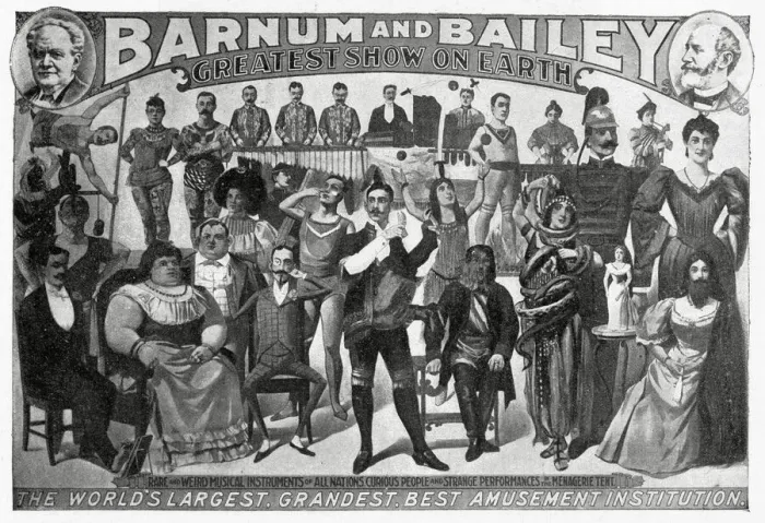 Framed Print : Poster advertising Barnum and Baileys amusements, with curious people Framed Print : Poster advertising Barnum and Baileys amusements, with curious people
