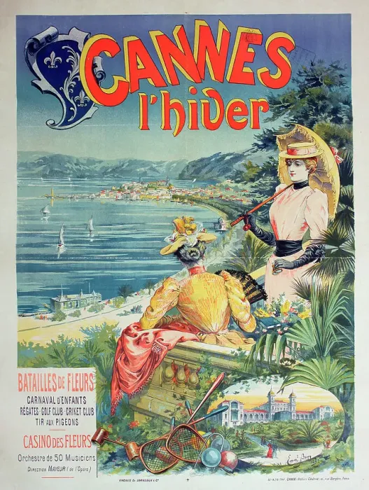 Framed Print : Poster advertisement for Cannes, South of France, for winter holidays, with flowers, a children's carnival, concerts, golf, cricket, and pigeon shooting. Date: 1892 Framed Print : Poster advertisement for Cannes, South of France, for winter holidays, with flowers, a children's carnival, concerts, golf, cricket, and pigeon shooting. Date: 1892