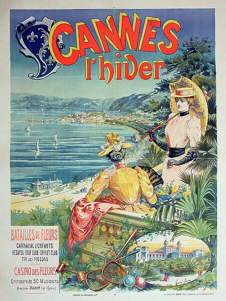 Poster advertisement for Cannes, South of France, for winter holidays, with flowers, a children's carnival, concerts, golf, cricket, and pigeon shooting. Date: 1892