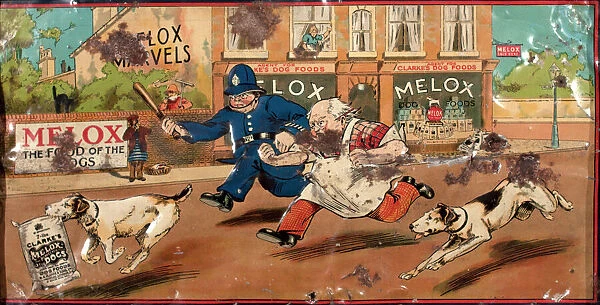 Poster advertising Melox dog food, showing a policeman #7237235
