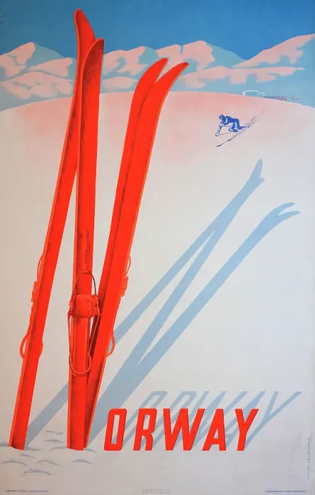 Framed Print : Poster advertising skiing in Norway. Date: 1957 Framed Print : Poster advertising skiing in Norway. Date: 1957