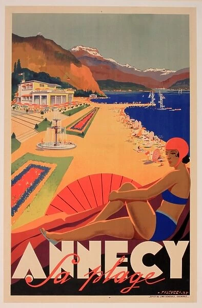 Poster, the beach at Annecy, France