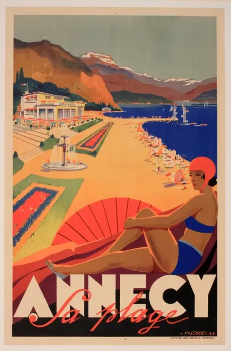 Framed Print : Poster, the beach at Annecy, France Framed Print : Poster, the beach at Annecy, France
