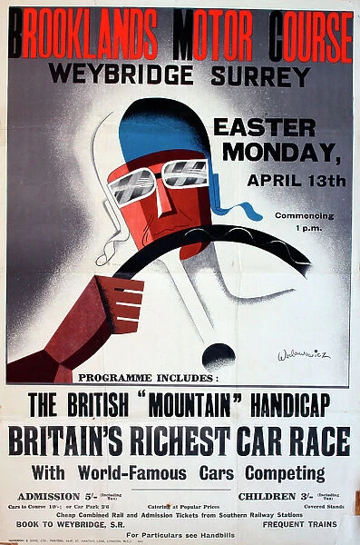 Poster, Brooklands Motor Course, Weybridge, Surrey, The British Mountain Handicap, Britain's Richest Car Race, Easter Monday, 13 April 1936. Date: 1936