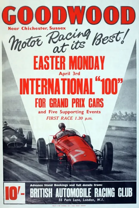 Framed Print : Poster, Goodwood, near Chichester, Sussex, Motor Racing at its Best! Easter Monday 3 April, International 100 for Grand Prix Cars and five supporting events. Date: 1961 Framed Print : Poster, Goodwood, near Chichester, Sussex, Motor Racing at its Best! Easter Monday 3 April, International 100 for Grand Prix Cars and five supporting events. Date: 1961
