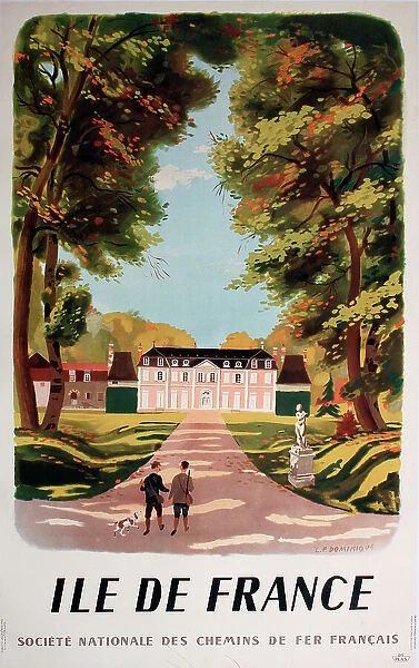 Poster, Ile de France, via SNCF, depicting two hunters and a dog. Date: 1946