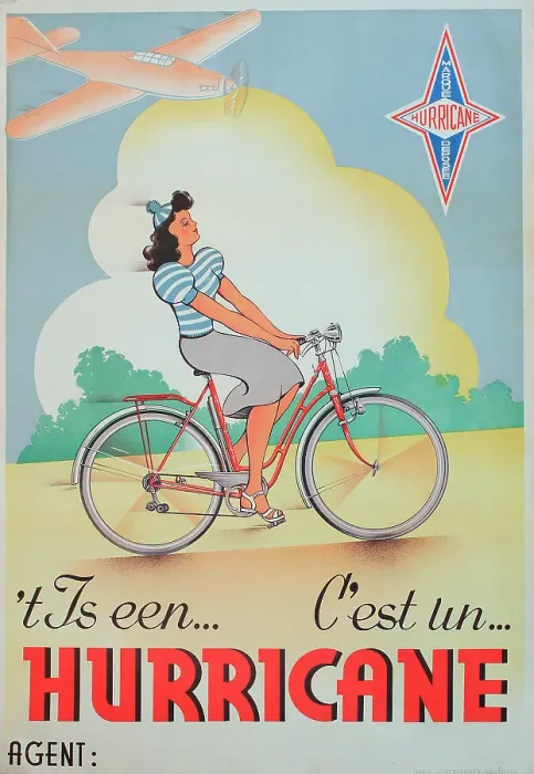 Framed Print : Poster, It's a Hurricane - woman riding a bicycle, with an aeroplane flying overhead. Date: circa 1950 Framed Print : Poster, It's a Hurricane - woman riding a bicycle, with an aeroplane flying overhead. Date: circa 1950
