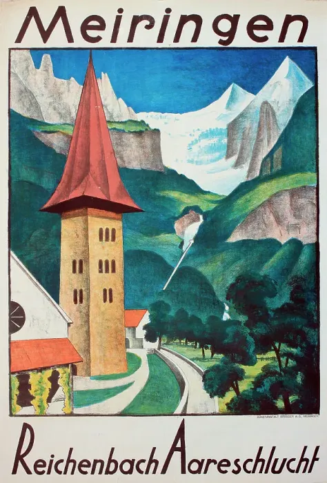 Framed Print : Poster, Meiringen, Reichenbach, Aareschlucht, Switzerland, famous for its Sherlock Holmes connection. Date: circa 1939 Framed Print : Poster, Meiringen, Reichenbach, Aareschlucht, Switzerland, famous for its Sherlock Holmes connection. Date: circa 1939