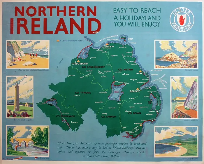 Framed Print : Poster, Northern Ireland, Ulster Transport tourist map, with six vignettes of places to visit - easy to reach, a holidayland you will enjoy. Date: circa 1950 Framed Print : Poster, Northern Ireland, Ulster Transport tourist map, with six vignettes of places to visit - easy to reach, a holidayland you will enjoy. Date: circa 1950