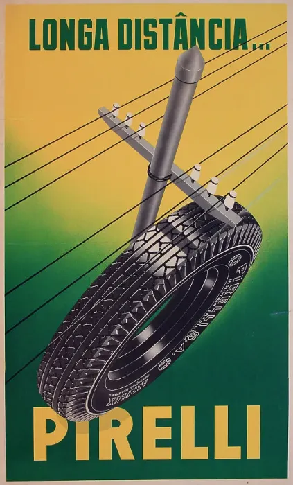 Framed Print : Poster, Pirelli Long Distance tyres. Date: circa 1950 Framed Print : Poster, Pirelli Long Distance tyres. Date: circa 1950