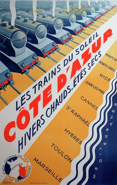 Framed Print : Poster, railway route to the Cote d'Azur, France Framed Print : Poster, railway route to the Cote d'Azur, France