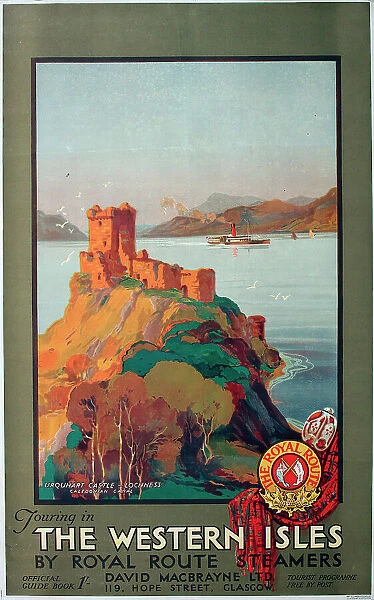 Poster, Scotland, Touring in the Western Isles by Royal Route Steamers, Urquhart Castle, Loch Ness, Caledonian Canal. Date: circa 1928