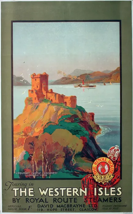 Framed Print : Poster, Scotland, Touring in the Western Isles by Royal Route Steamers, Urquhart Castle, Loch Ness, Caledonian Canal. Date: circa 1928 Framed Print : Poster, Scotland, Touring in the Western Isles by Royal Route Steamers, Urquhart Castle, Loch Ness, Caledonian Canal. Date: circa 1928