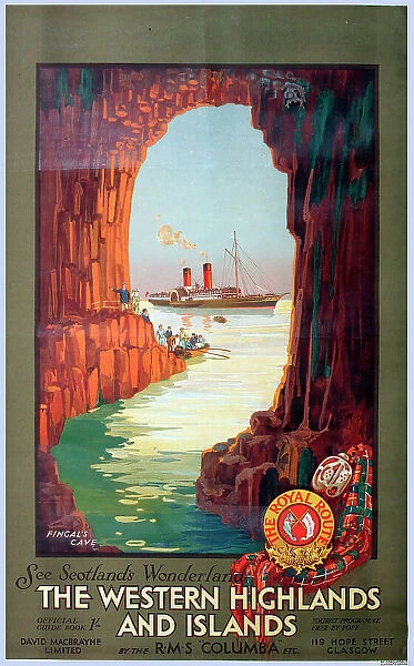 Poster, Scotland, The Western Highlands and Islands, showing a visit to Fingal's Cave from RMS Columba, The Royal Route. Date: circa 1928