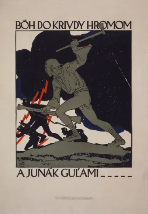 Framed Print : Poster showing an older man with axe and rifle joining a bat Framed Print : Poster showing an older man with axe and rifle joining a bat