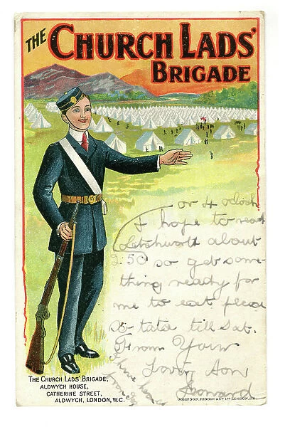 Poster type card showing a Church Lads Member at camp