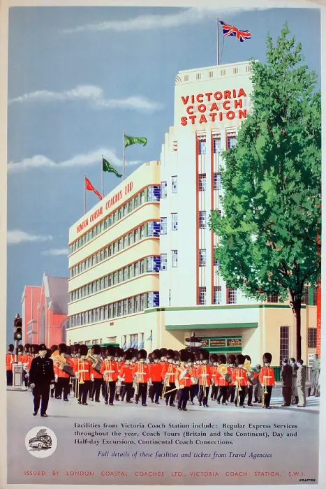 Framed Print : Poster, Victoria Coach Station, with a military band marching along the road. Date: circa 1960 Framed Print : Poster, Victoria Coach Station, with a military band marching along the road. Date: circa 1960