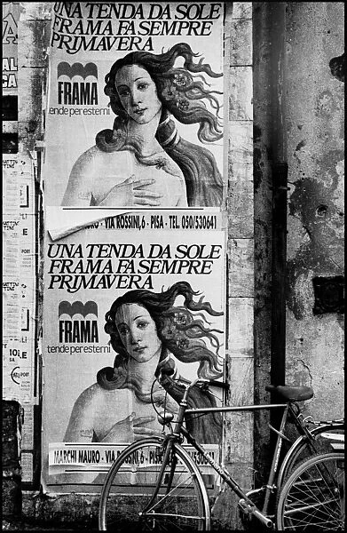 Posters on wall with bicycle, Pisa, Italy